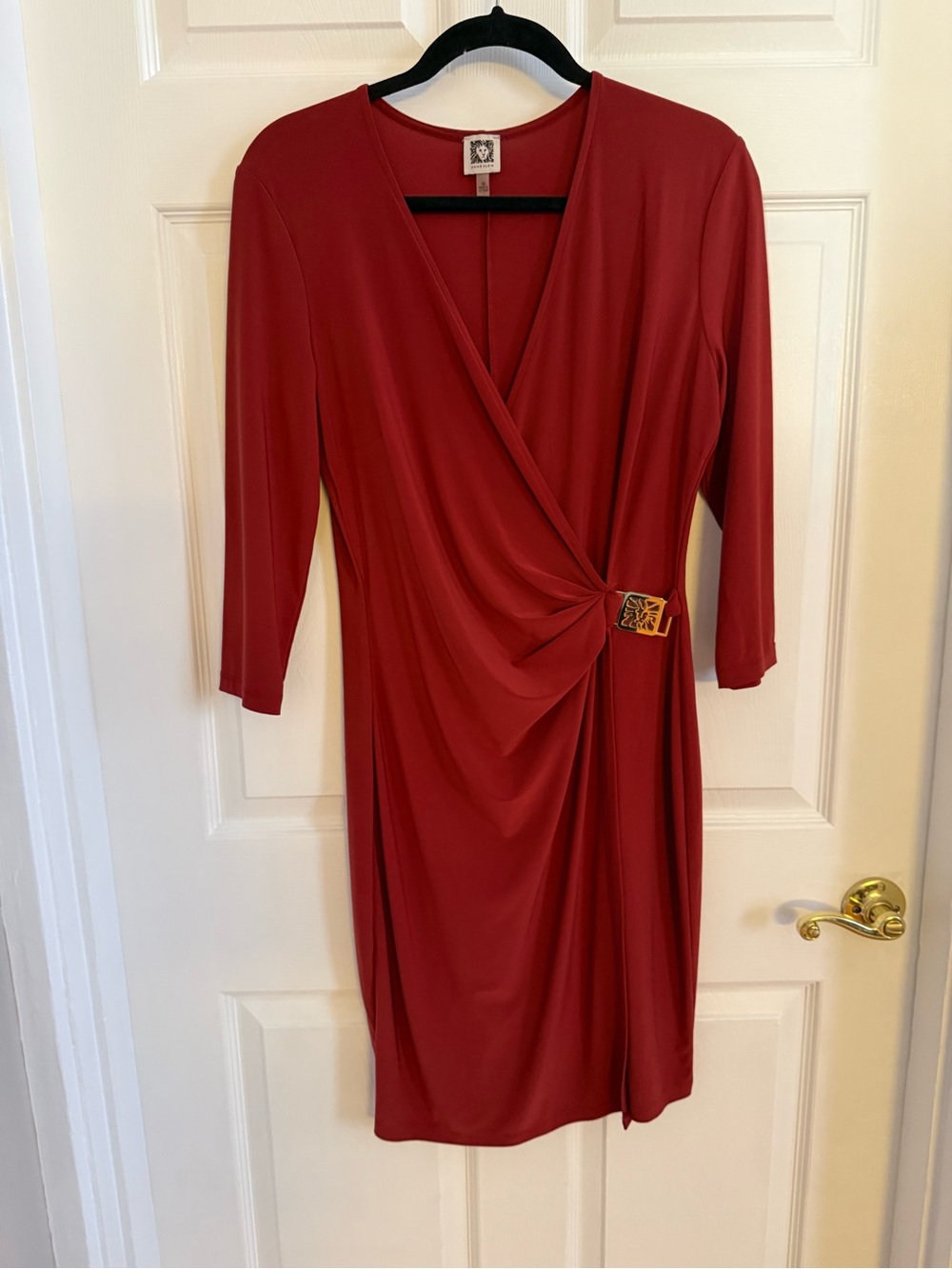 Anne Klein Red Faux-Wrap Midi Dress with Decorative Buckle
